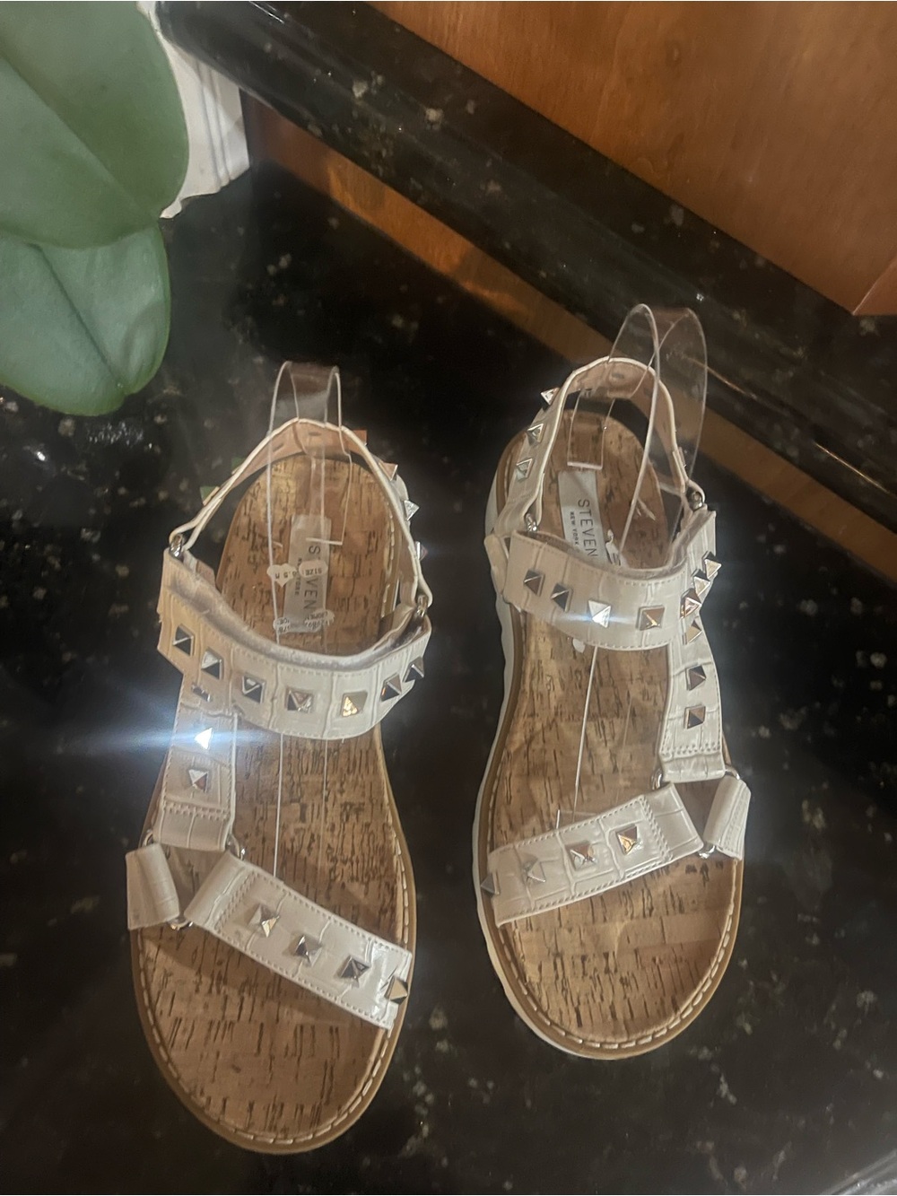 Studded T-Strap Sandals in Cream by Steve Madden